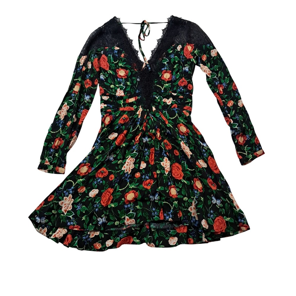 Anthropologie Dress Women's 4 Mini Lacy V Neck Black Floral Party